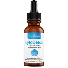 True Cellular Formulas CytoDetox bottle label showcasing liposomal zeolite tech for gentle detox