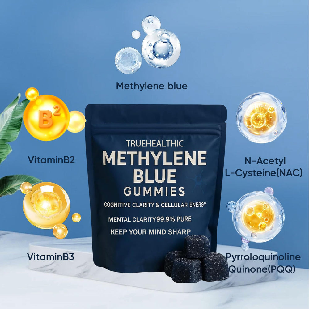 TRUEHEALTHIC Methylene Blue Gummies 30-count jar on shelf indicating daily focus