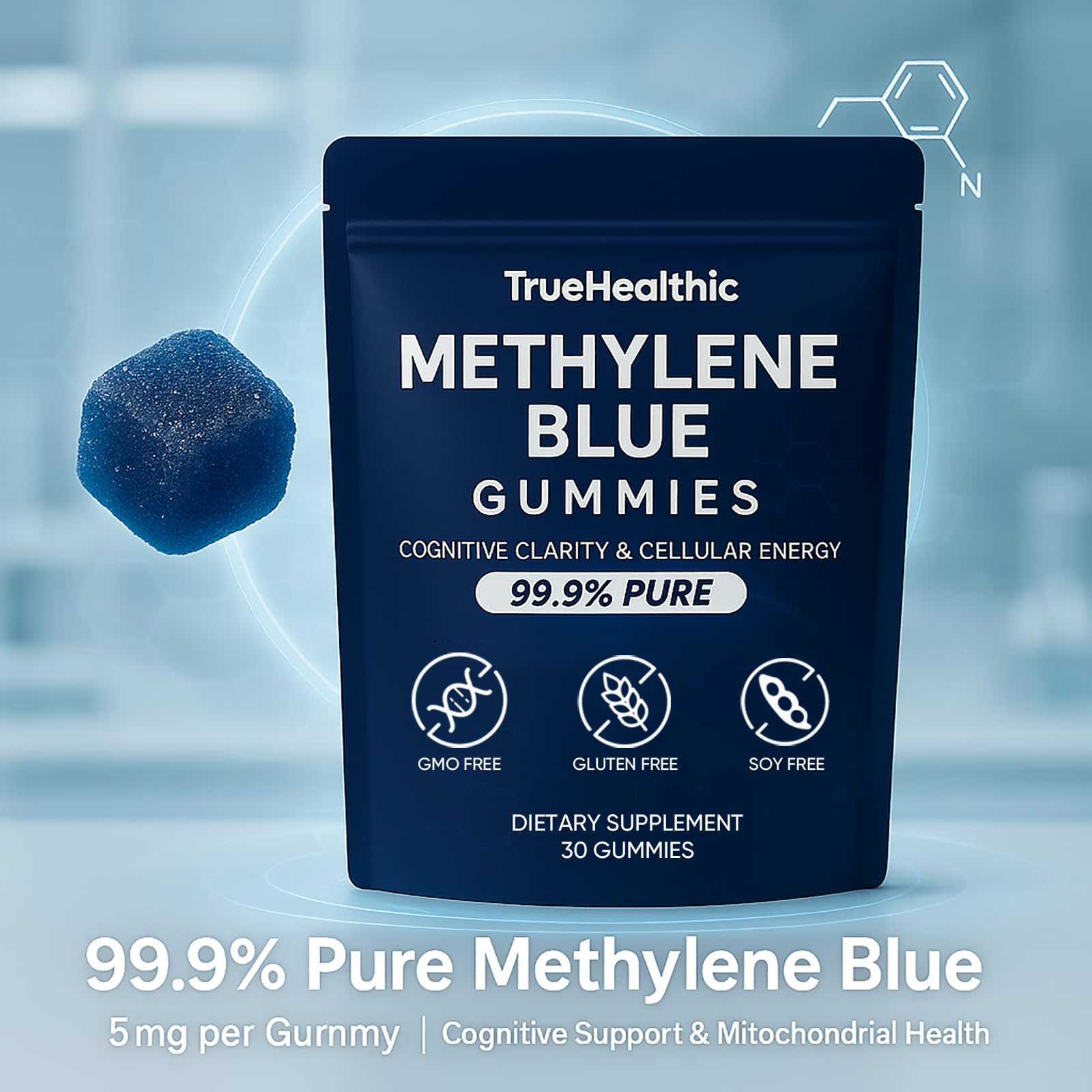 TRUEHEALTHIC Methylene Blue Gummies close-up of the blue raspberry flavor