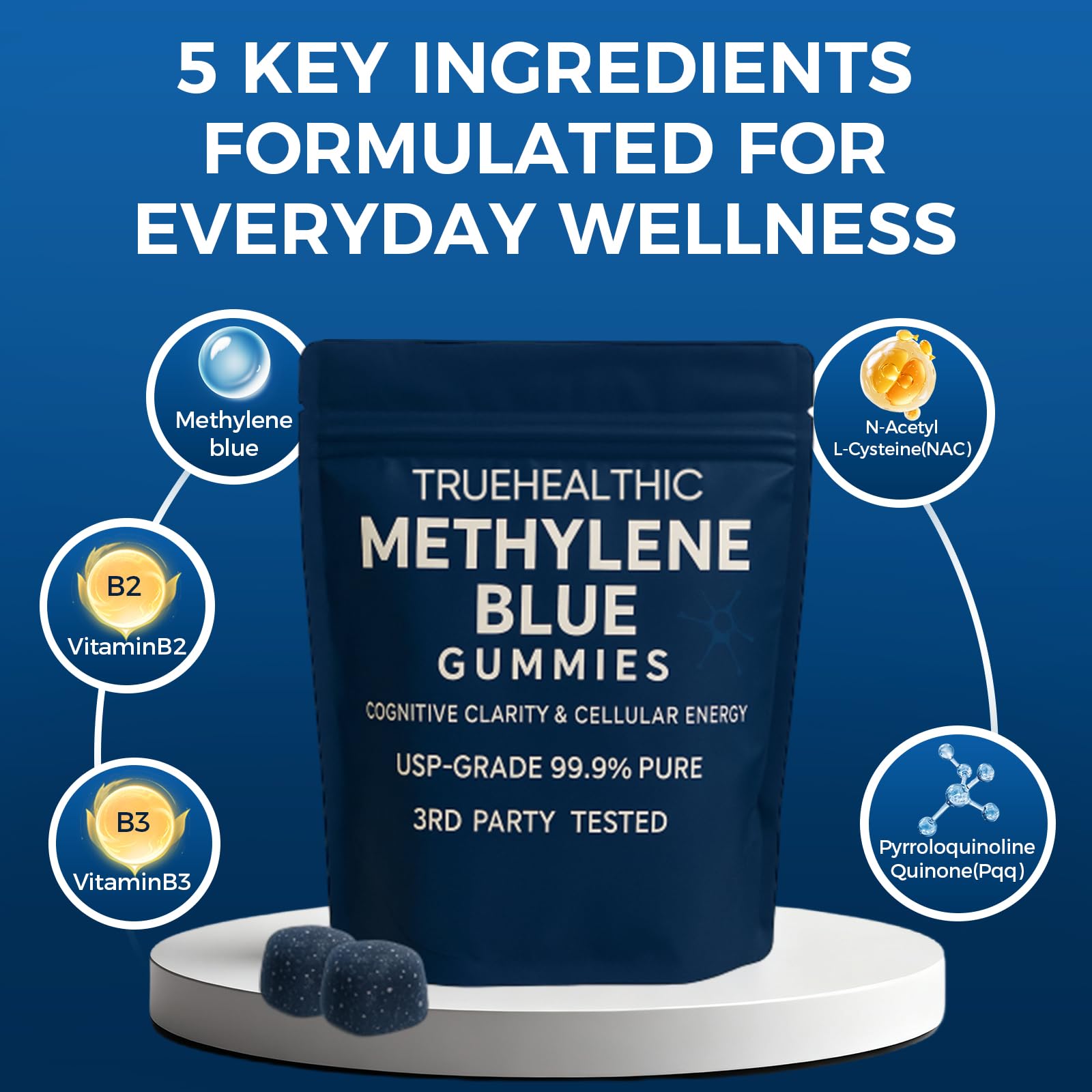 TRUEHEALTHIC Methylene Blue Gummies blue raspberry flavor closeup for easy consumption