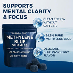 TRUEHEALTHIC Methylene Blue Gummies closeup of blue raspberry gummies for focus