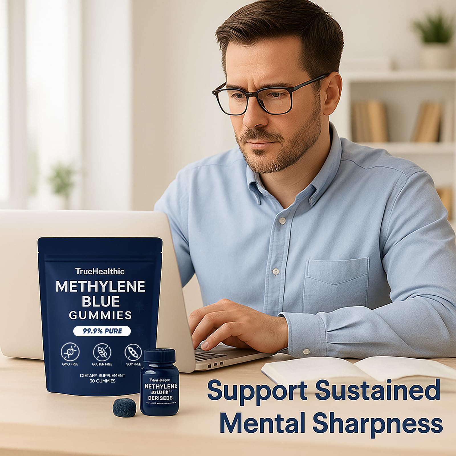TRUEHEALTHIC Methylene Blue Gummies tabletop display on a shelf