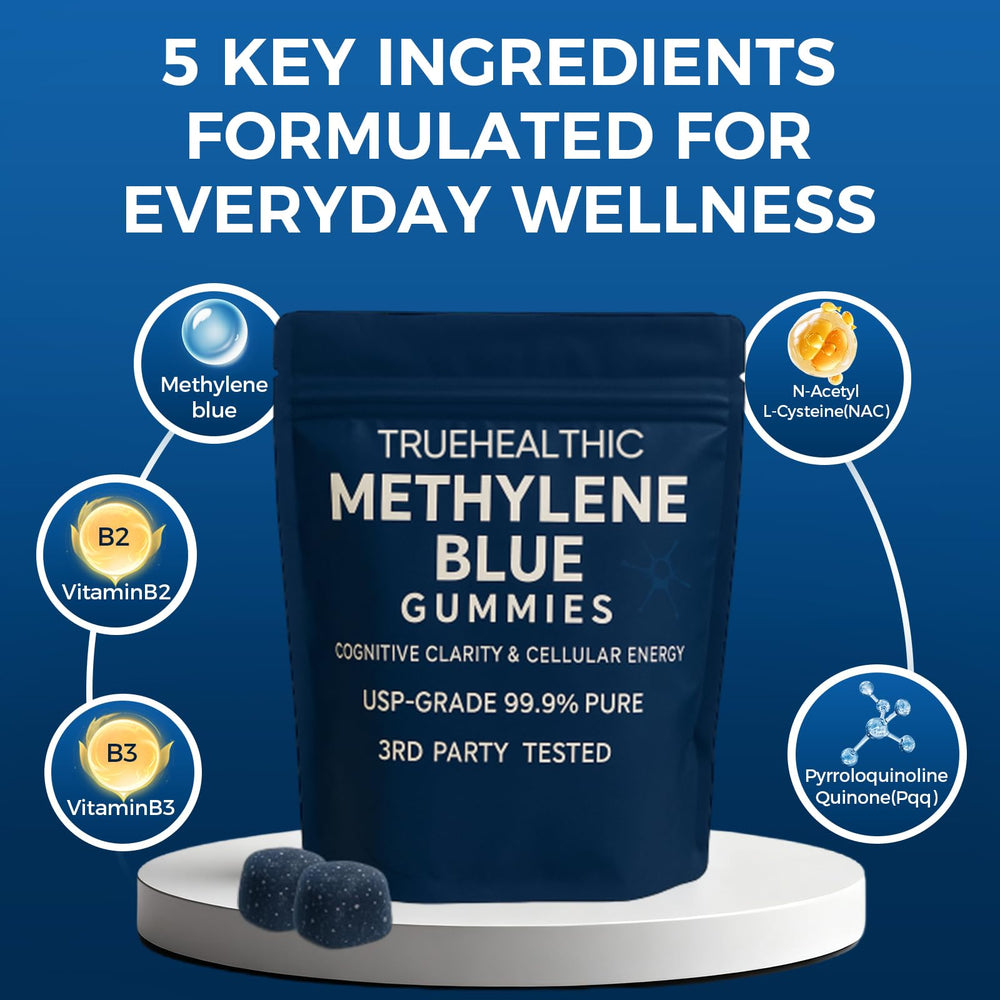 TRUEHEALTHIC Methylene Blue Gummies texture shows smooth, chewable consistency for quick intake.