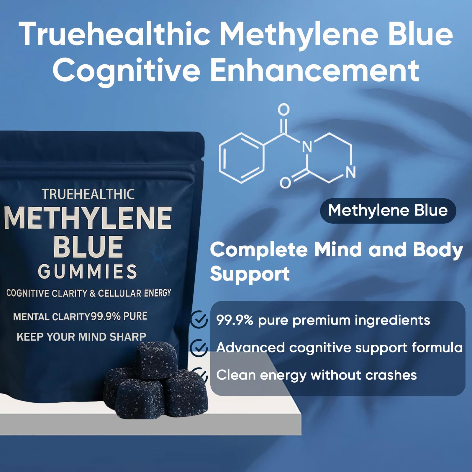 TRUEHEALTHIC Methylene Blue Gummies close-up showing gummy texture and color