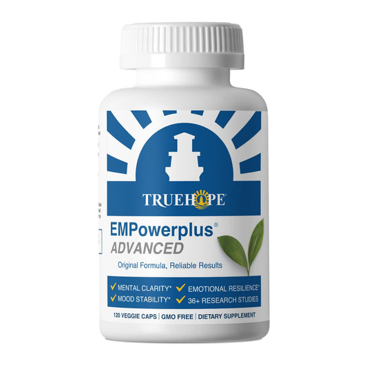 Truehope EMPowerplus Advanced bottle front shows a high-potency multivitamin for daily wellness.