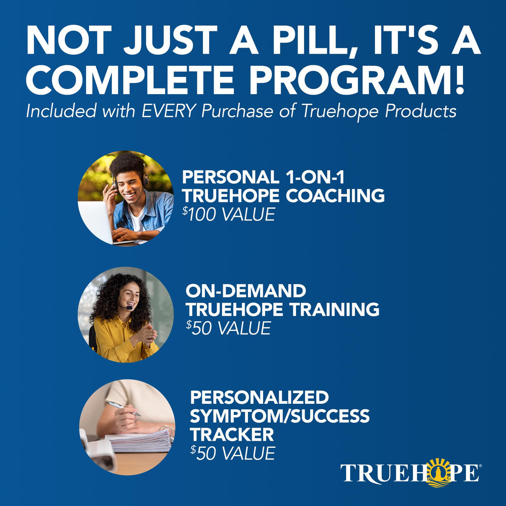 Truehope EMPowerplus Advanced bottle label highlights chelated minerals for better absorption.