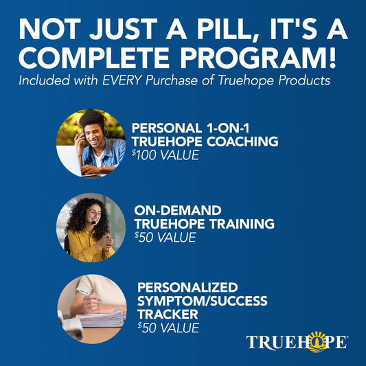 Truehope EMPowerplus Advanced bottle label highlights chelated minerals for better absorption.
