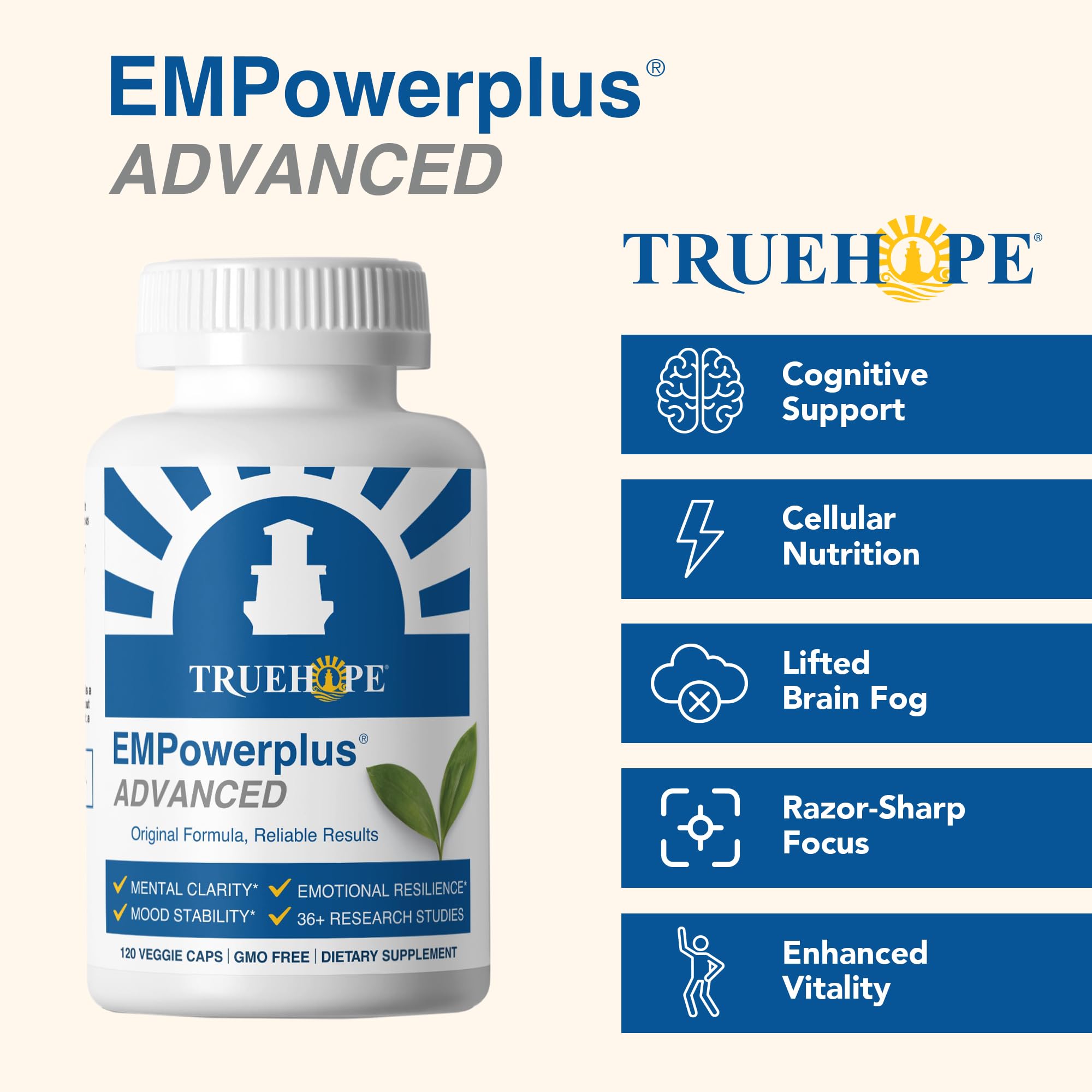 Truehope EMPowerplus Advanced bottle with pour demonstrates easy daily dosing.