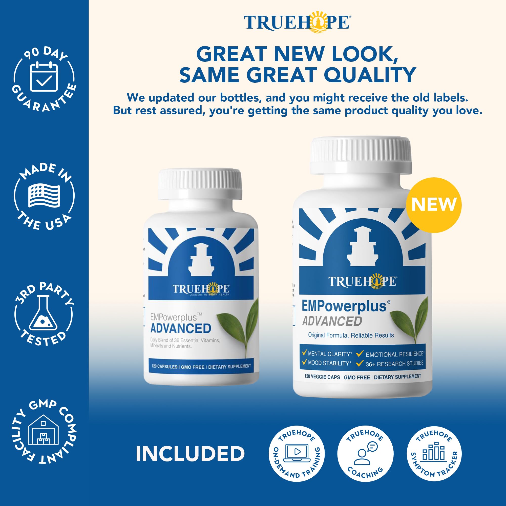 Truehope EMPowerplus Advanced capsules closeup emphasizes balanced nutrient complex.