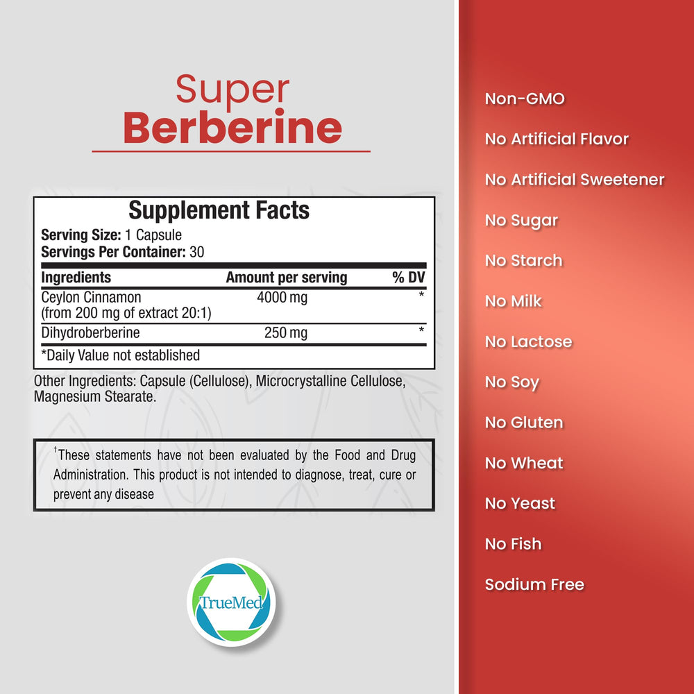 TRUEMED berberine with cinnamon ingredients highlight a clean, plant-based blend.