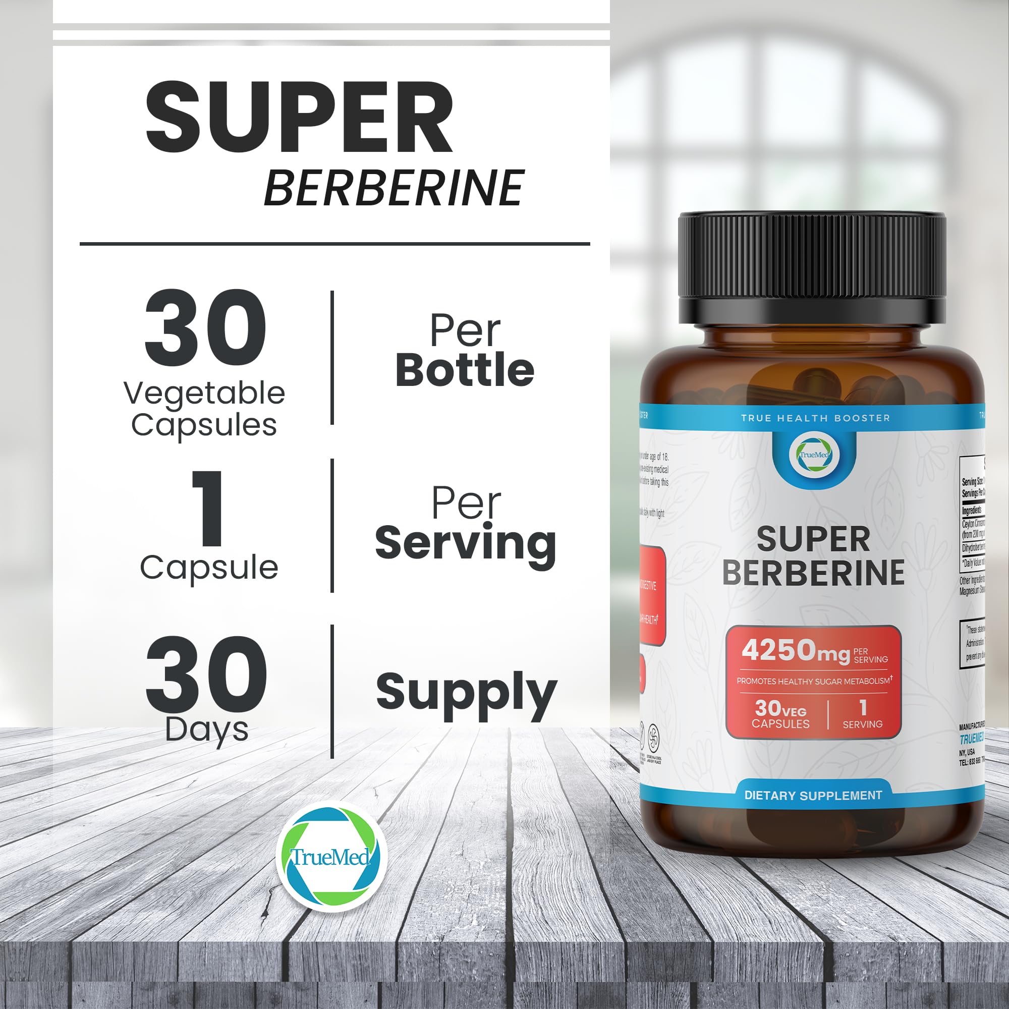 TRUEMED bottle label front highlights product name and 30 capsules.