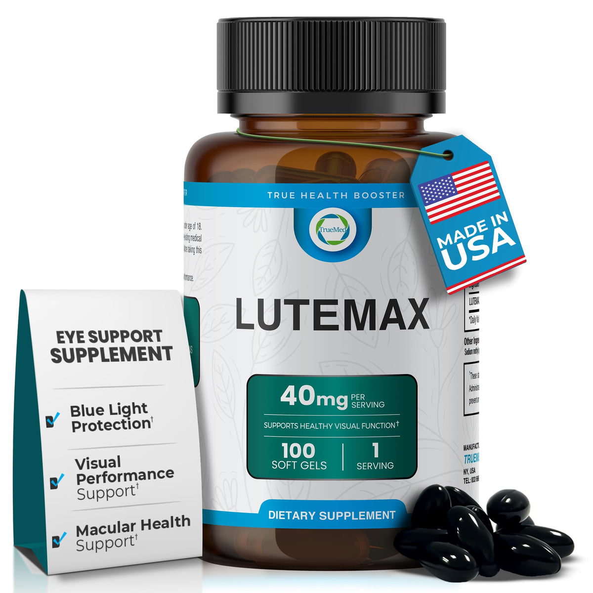 TrueMed Lutemax 40 mg bottle shown for daily eye comfort and clarity