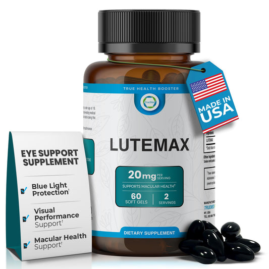 TRUEMED Lutemax bottle pour showing convenient daily eye support for modern lifestyles