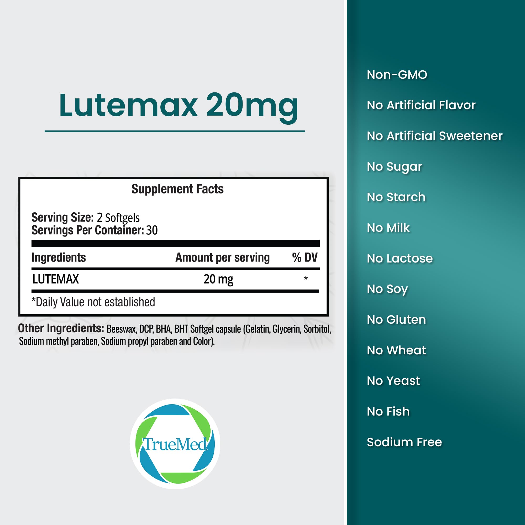 TRUEMED Lutemax softgels close-up highlighting easy-to-swallow format for busy professionals
