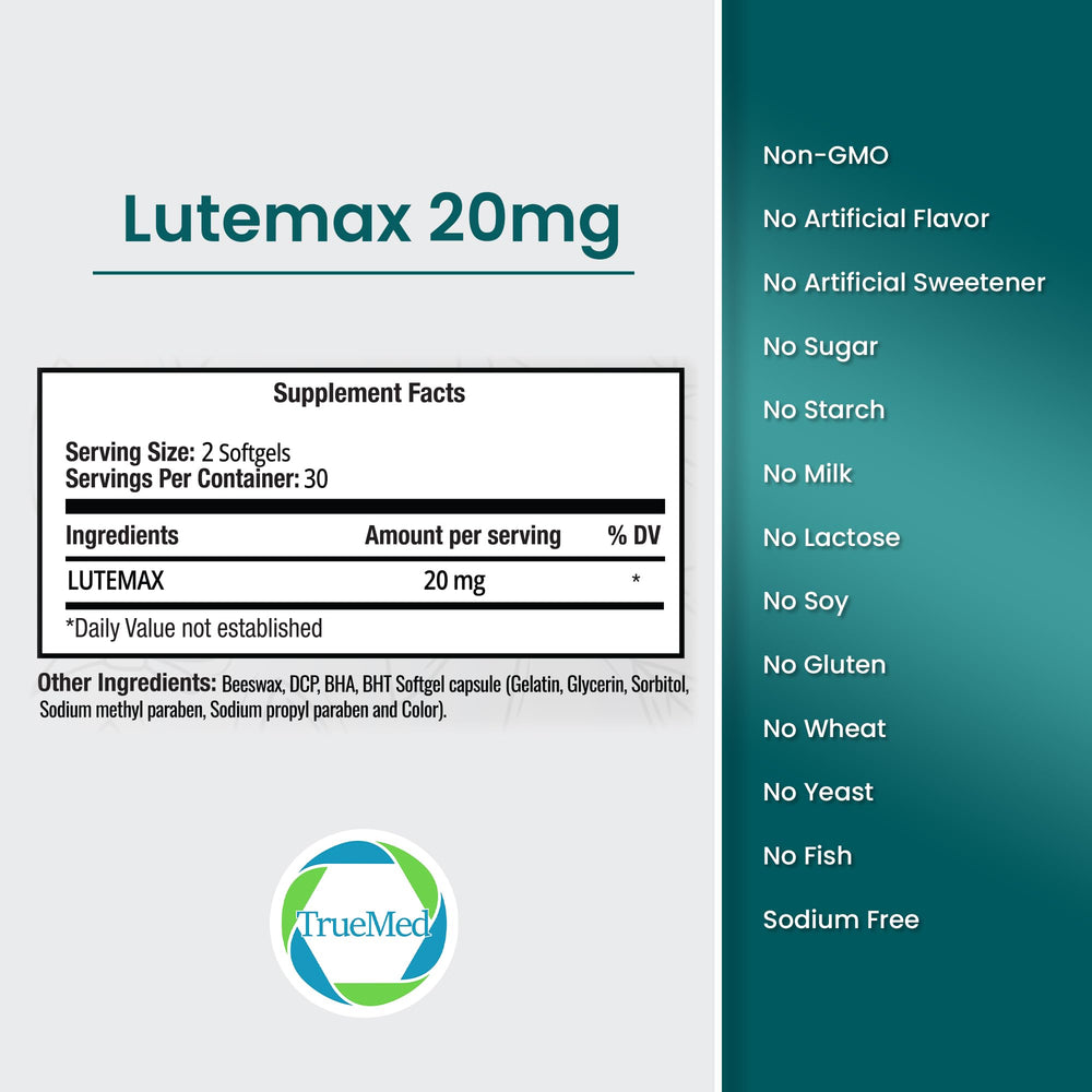 TRUEMED Lutemax softgels close-up highlighting easy-to-swallow format for busy professionals