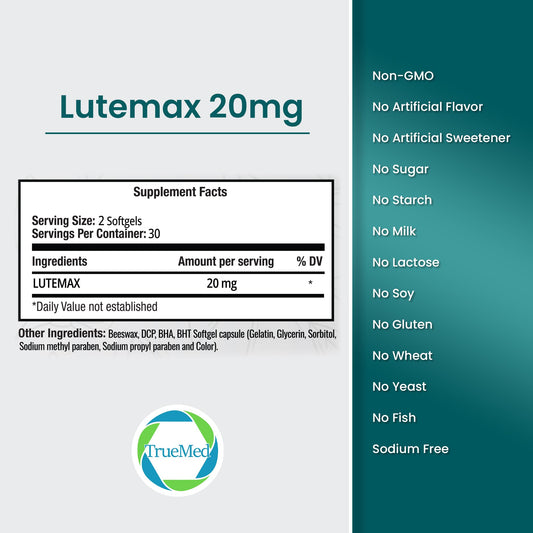 TRUEMED Lutemax softgels close-up highlighting easy-to-swallow format for busy professionals