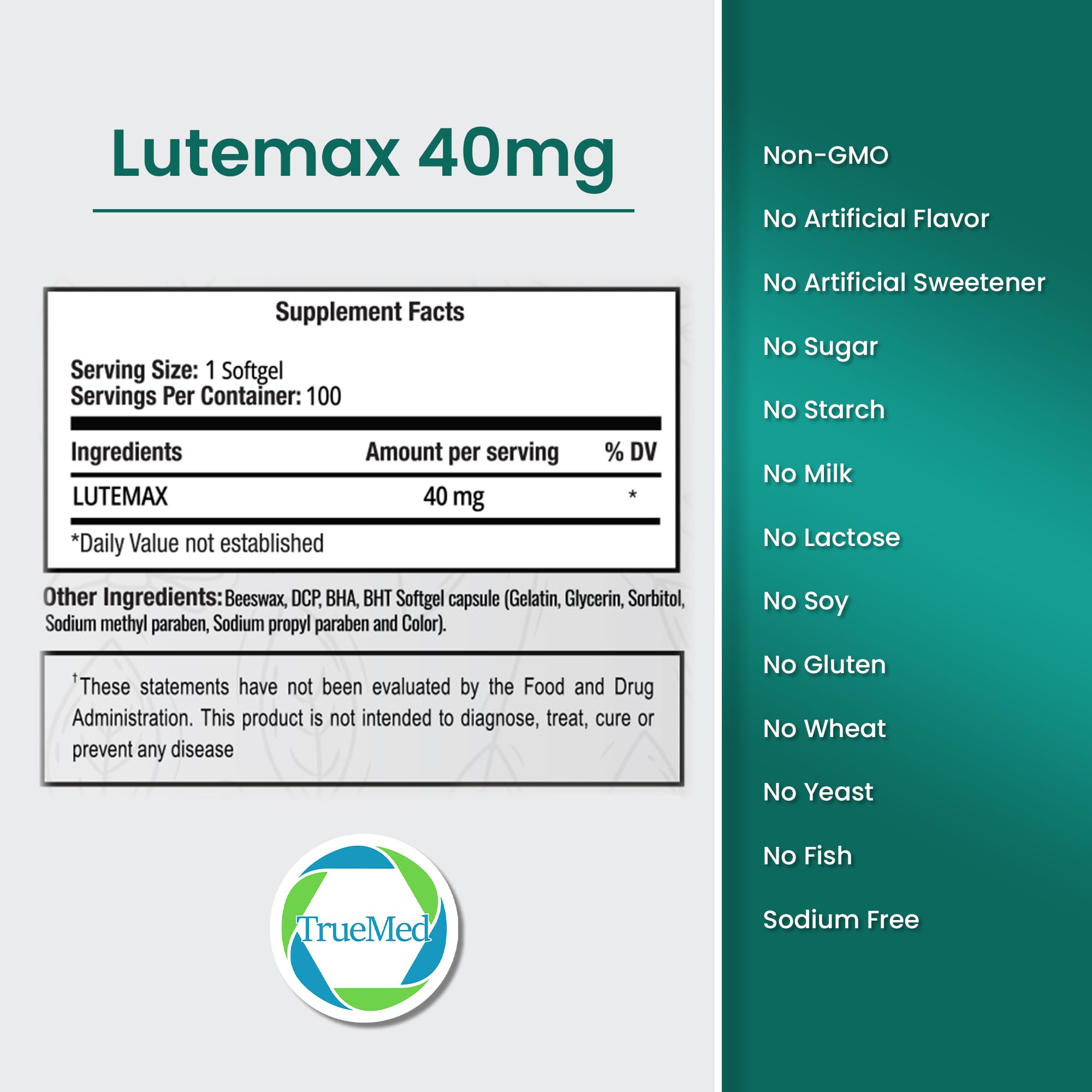 Closeup of TrueMed Lutemax softgels highlighting easy daily intake
