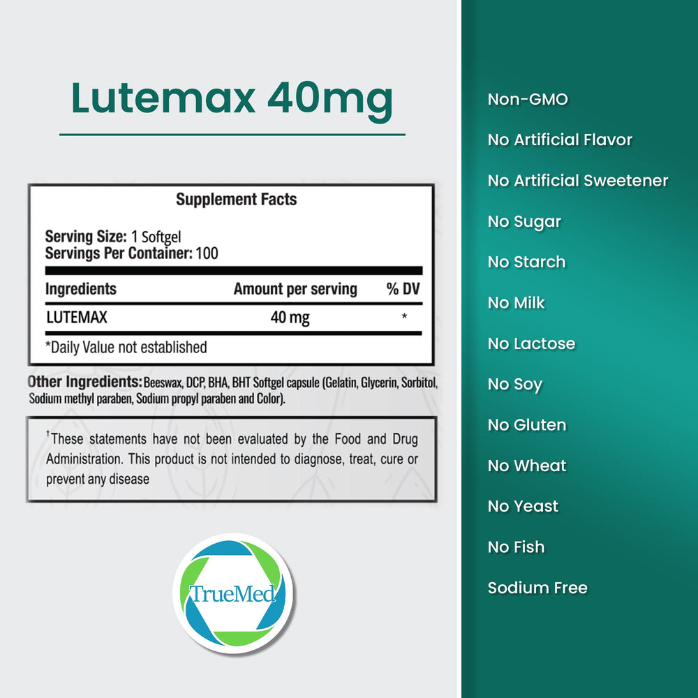 Closeup of TrueMed Lutemax softgels highlighting easy daily intake