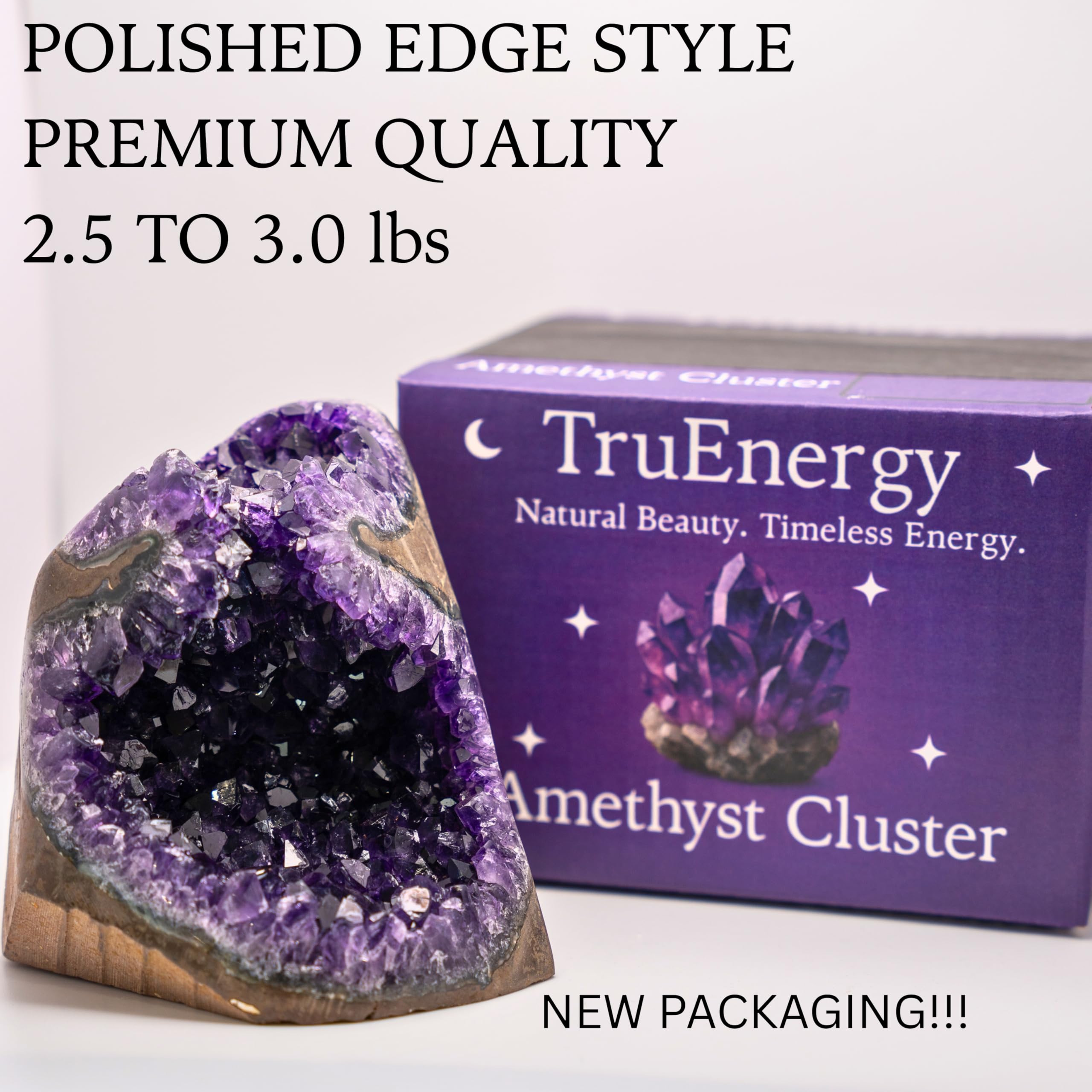 TruEnergy amethyst geode presentation, enhances room ambiance with natural light reflections.