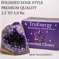 TruEnergy amethyst geode presentation, enhances room ambiance with natural light reflections.