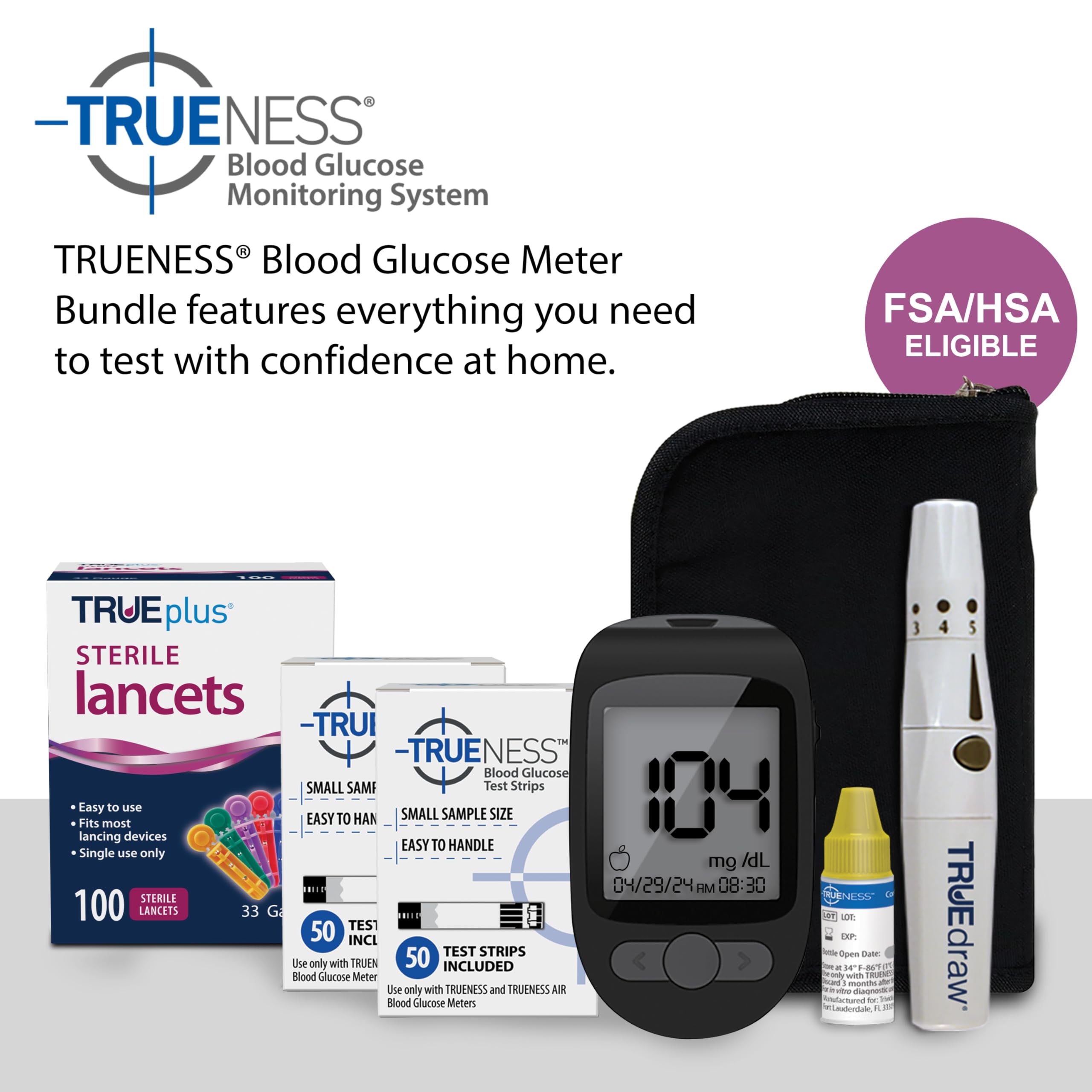 TRUENESS bundle case with accessories keeps testing supplies organized.