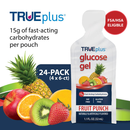 TRUEplus Glucose Gel Fruit Punch pouch opened for fast intake during activities