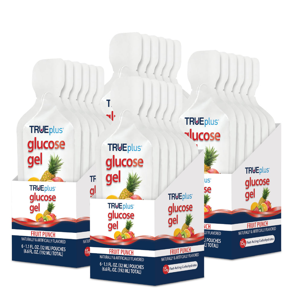 TRUEplus Glucose Gel Fruit Punch pouch ready for quick energy on the go