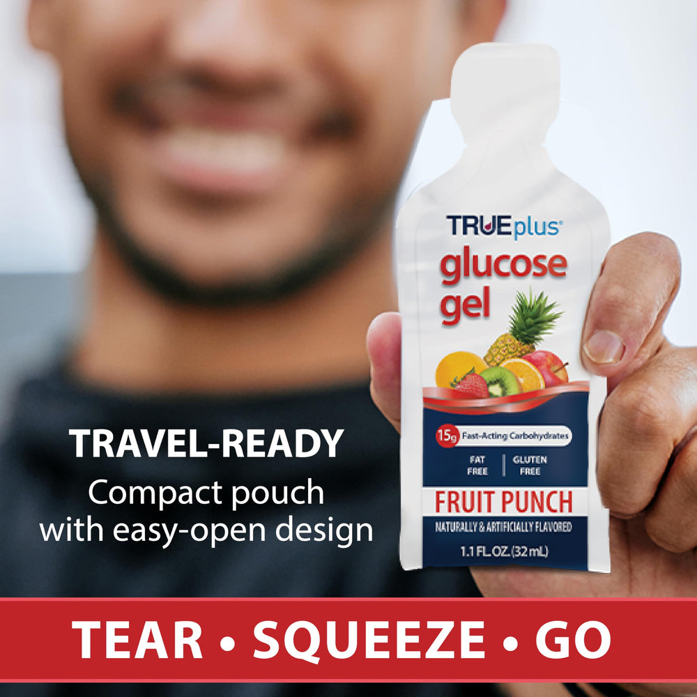 TRUEplus Glucose Gel Fruit Punch squeeze delivers calories in seconds