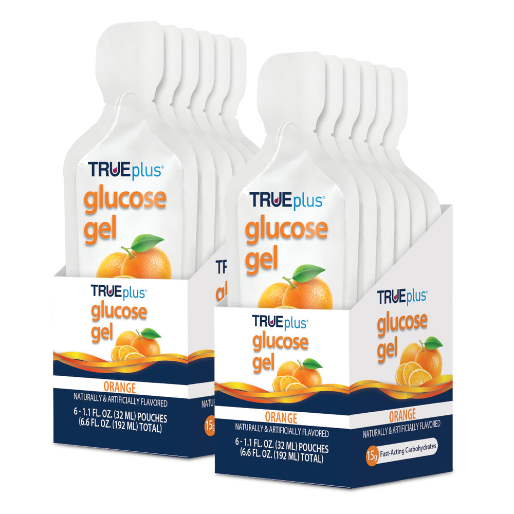 TRUEplus glucose gel pouch orange close-up showing fast-acting carbs for quick energy