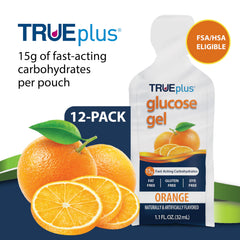 TRUEplus glucose gel pouch in bag demonstrates portable, travel-ready design for on-the-go needs