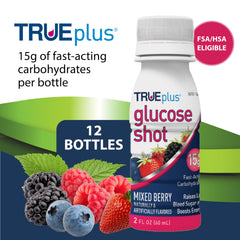 TRUEplus Glucose Shot mixed berry bottle back label highlights 15g fast-acting carbs