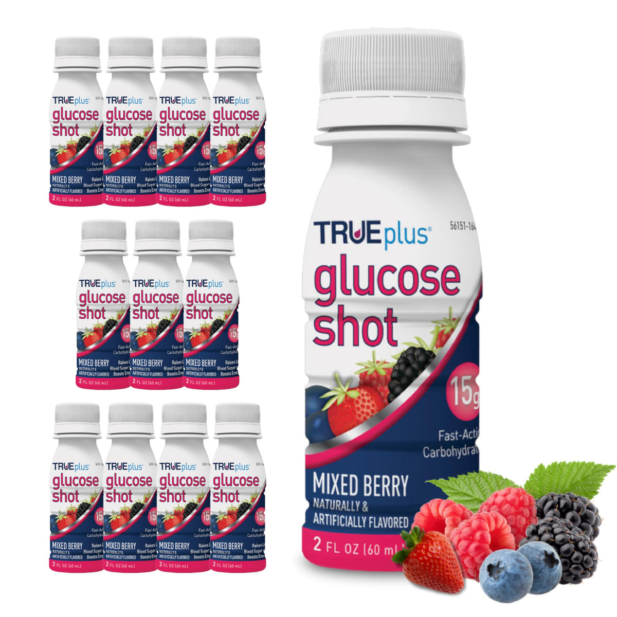TRUEplus Glucose Shot mixed berry bottle front for on-the-go energy support