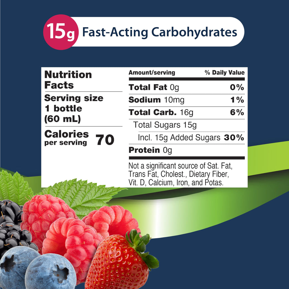 TRUEplus Glucose Shot mixed berry in hand shows portable quick-use benefit