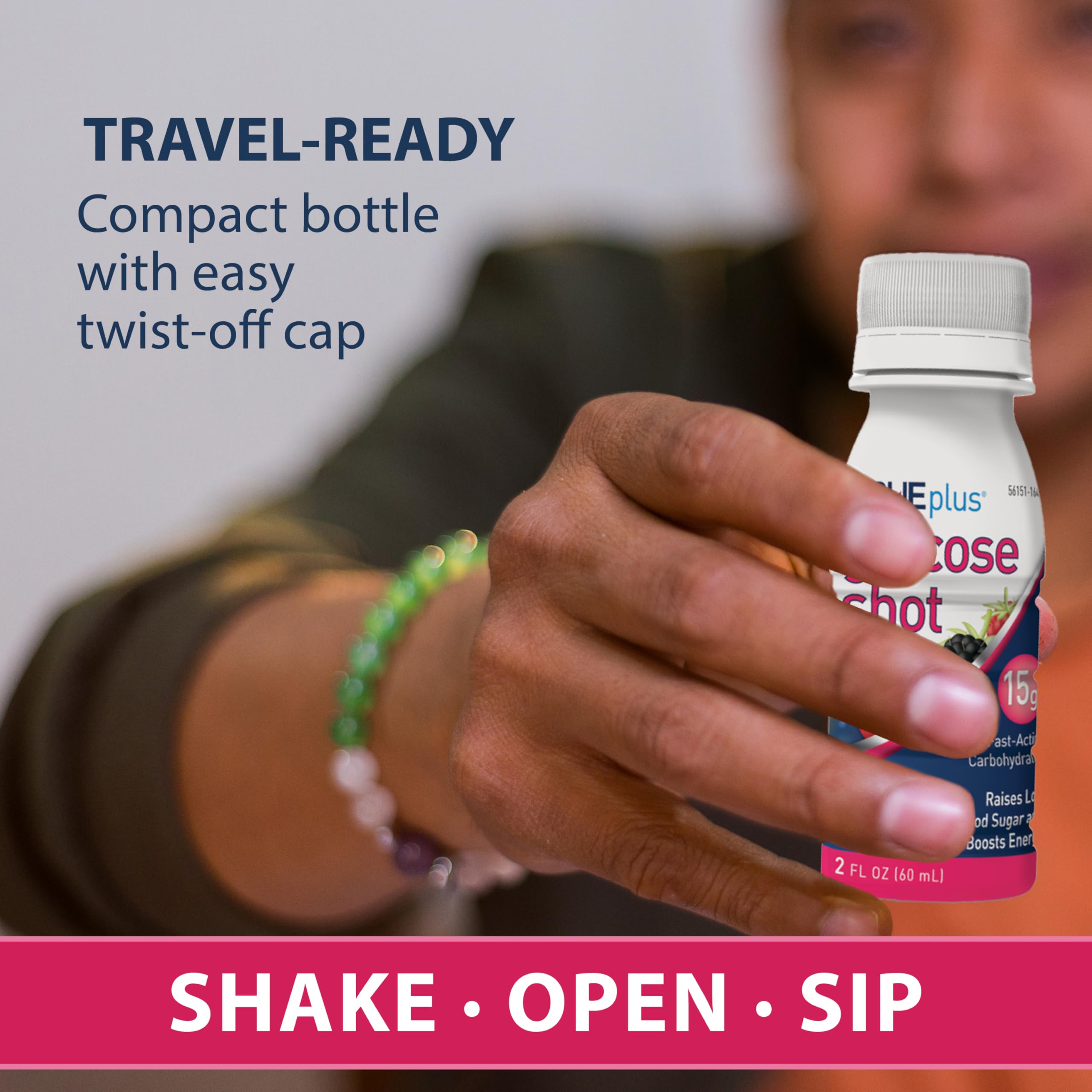 TRUEplus Glucose Shot mixed berry pour-action demonstrates ready-to-consume convenience
