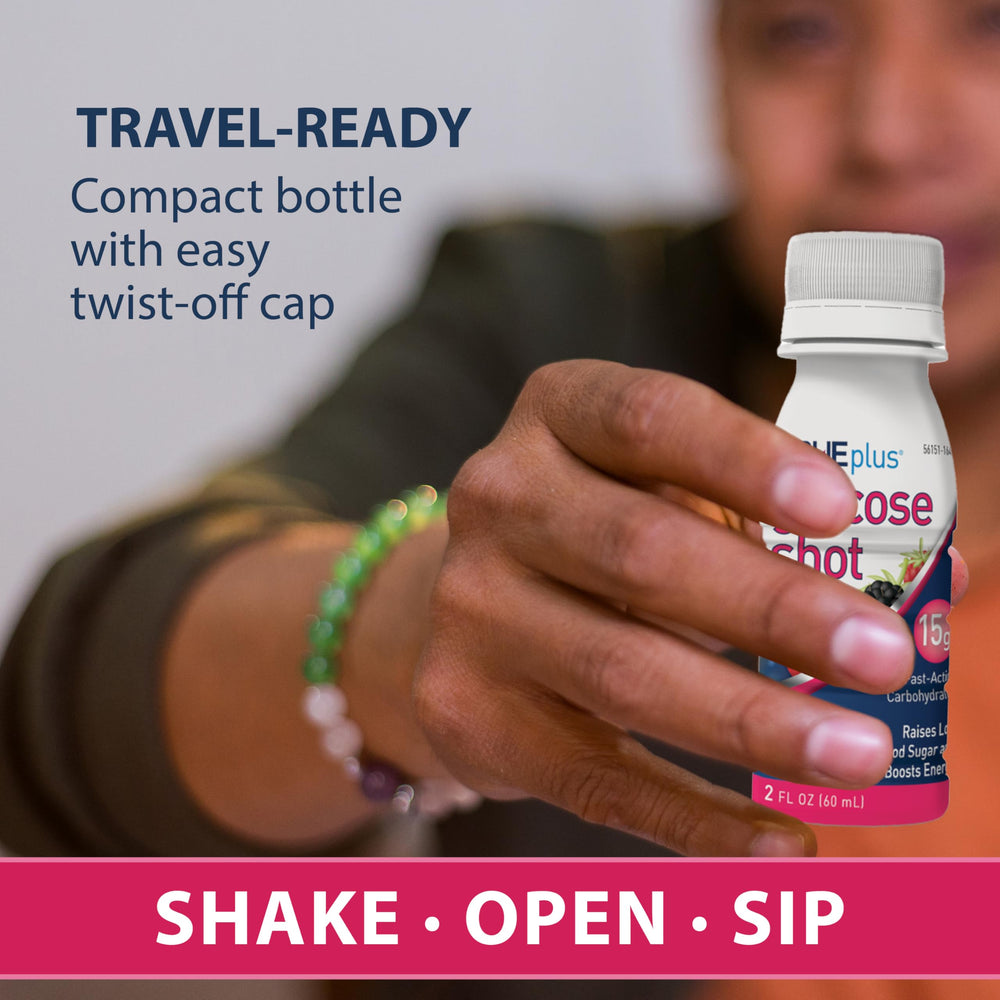 TRUEplus Glucose Shot mixed berry pour-action demonstrates ready-to-consume convenience