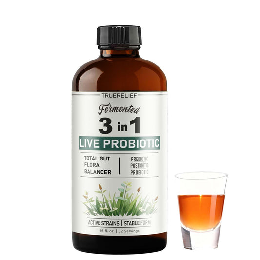 TRUERELIEF bottle with pour demonstrates convenient daily probiotic use.