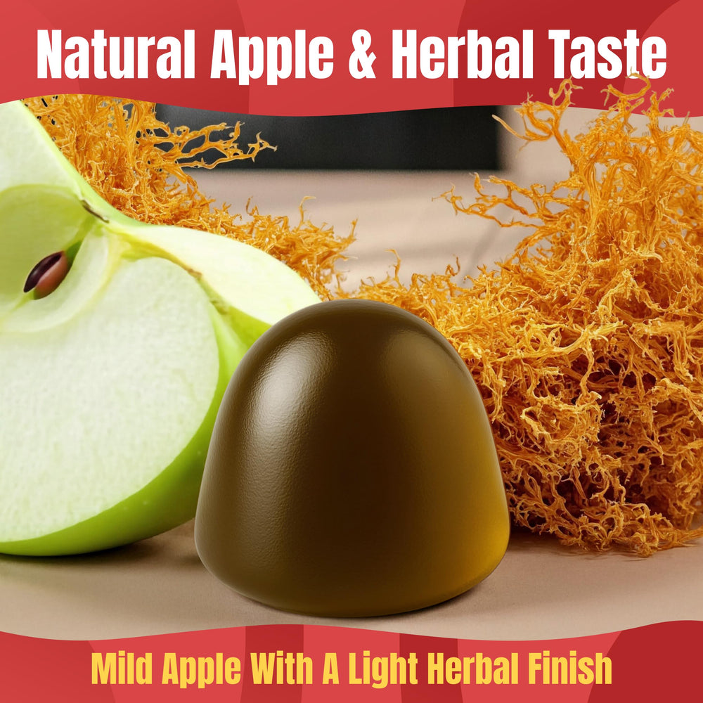 TrueSeaMoss bottle with apples to indicate flavor and natural fruit notes
