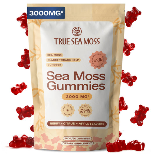 TrueSeaMoss gummies bottle front showing brand and fruity format for daily use