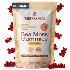 TrueSeaMoss gummies bottle front showing brand and fruity format for daily use