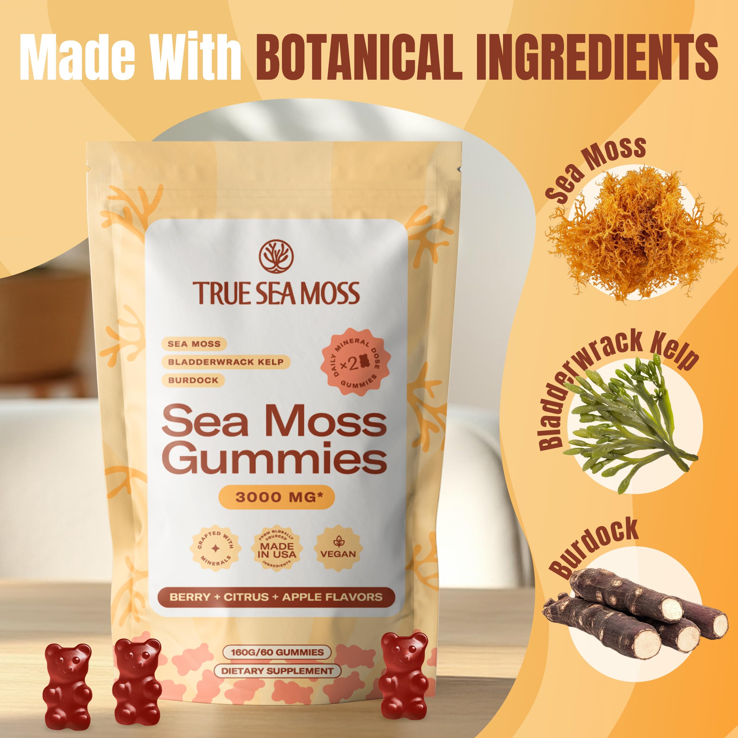 Two gummies served to illustrate daily serving size of TrueSeaMoss