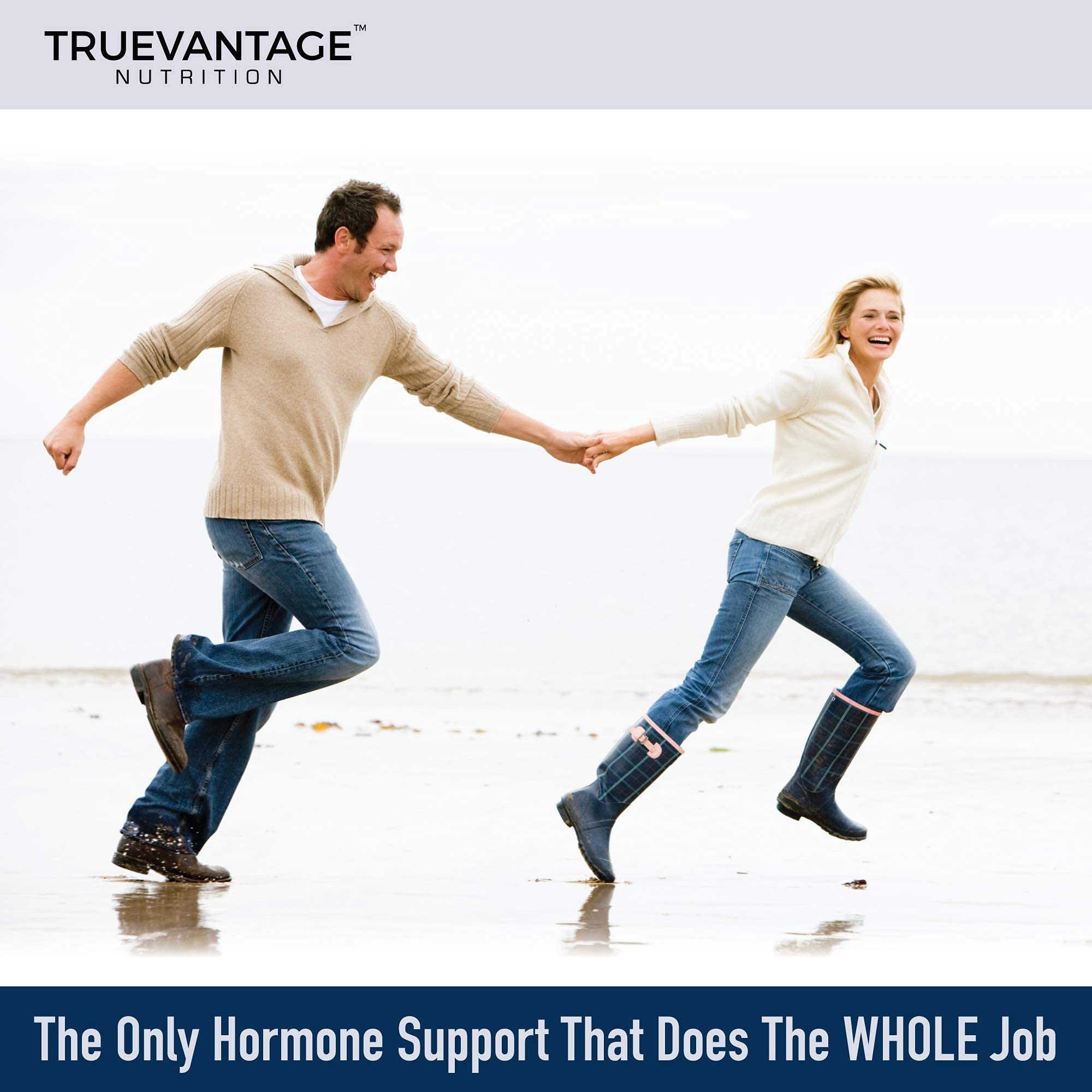Truevantage DHEA bottle at night supports rest and mood.