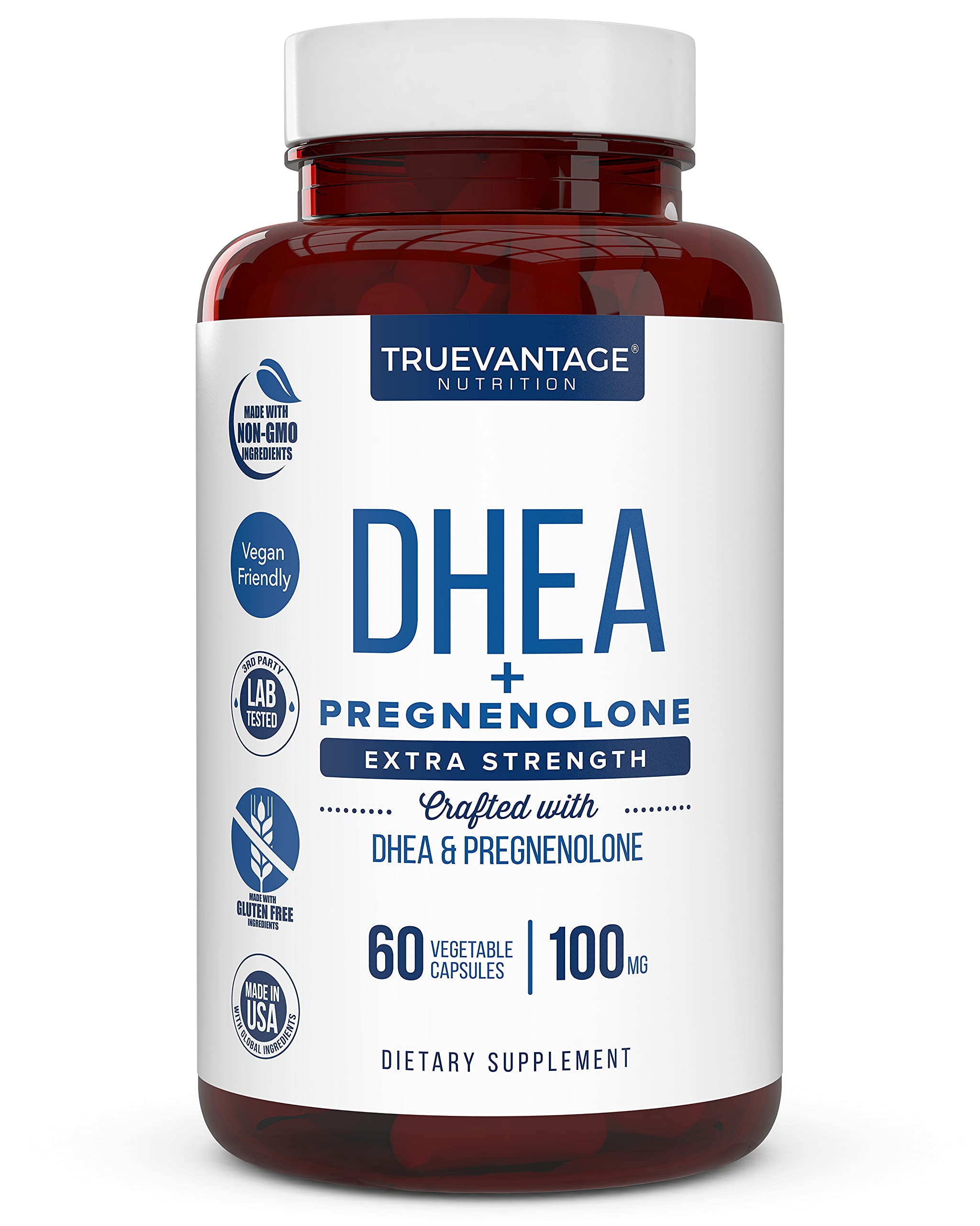 Truevantage Nutrition DHEA with Pregnenolone bottle for daily hormone support.