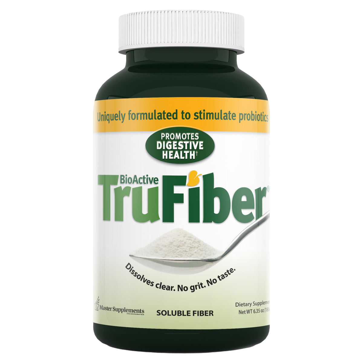 TruFiber prebiotic fiber powder bottle supports probiotic growth and digestive comfort.