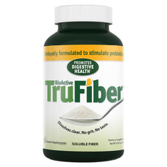 TruFiber prebiotic fiber powder bottle supports probiotic growth and digestive comfort.