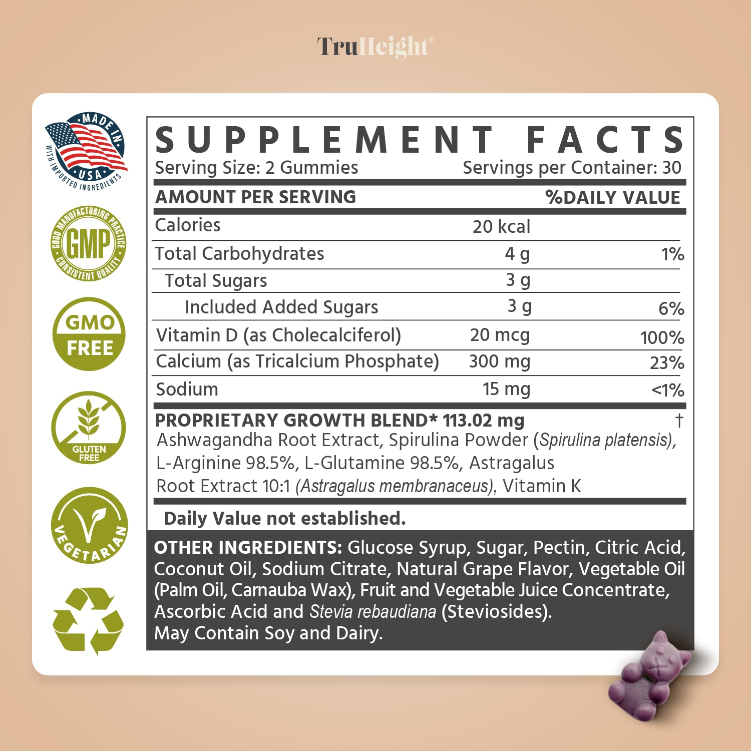 Pure Ashwagandha in TruHeight Gummies blend label close-up illustrating herbal formula.