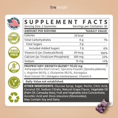 Pure Ashwagandha in TruHeight Gummies blend label close-up illustrating herbal formula.