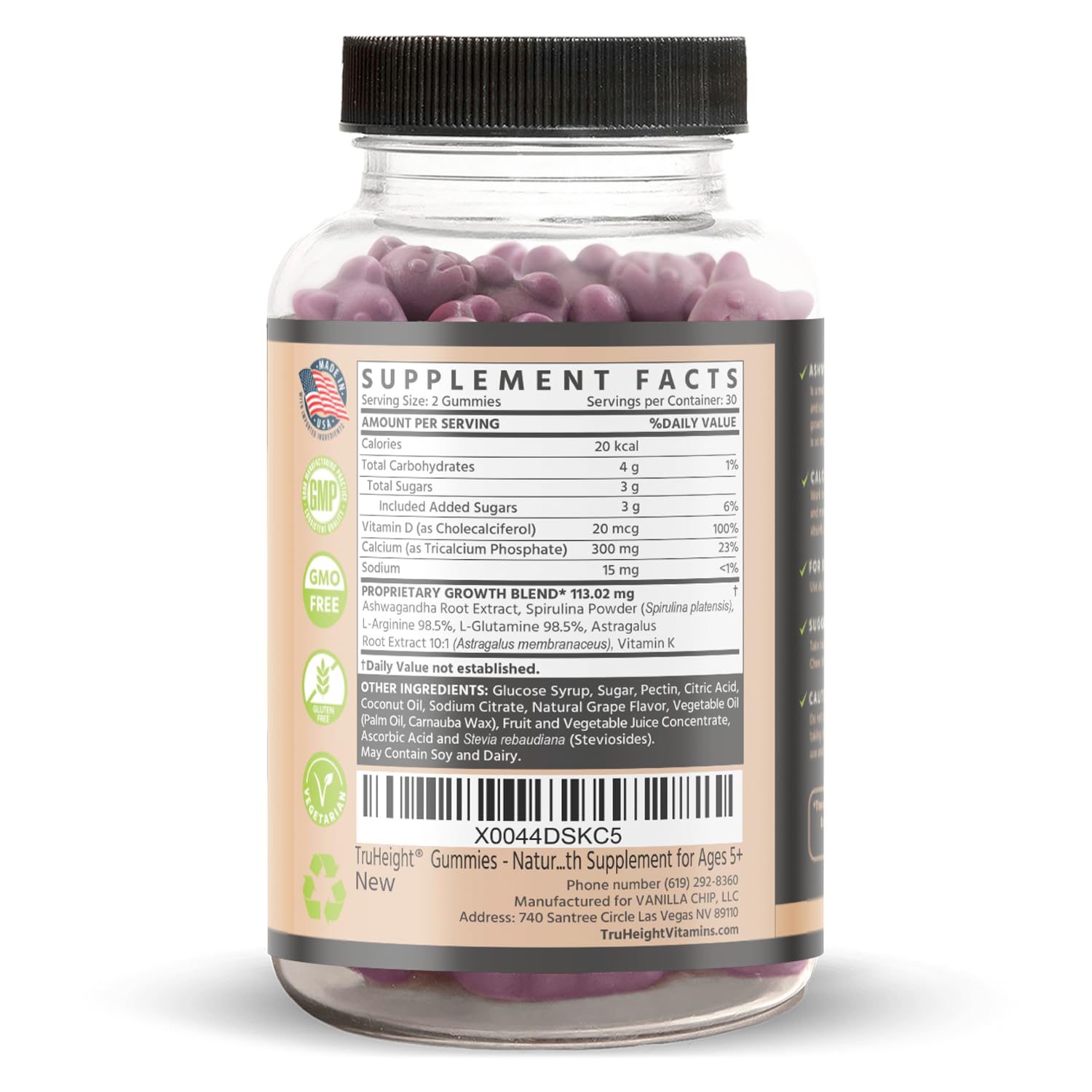 TruHeight Growth Gummies grape bottle back highlights essential vitamin and mineral blend.