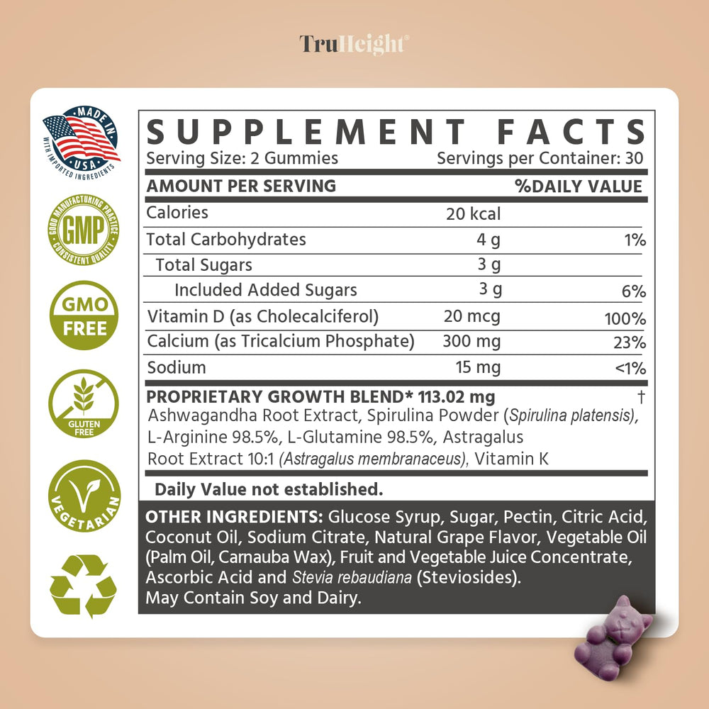 TruHeight Growth Gummies grape vitamin-label highlights D, K and calcium blend.