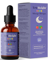 TruHeight Kids Sleep Tincture bottle on nightstand, promoting calm bedtime.