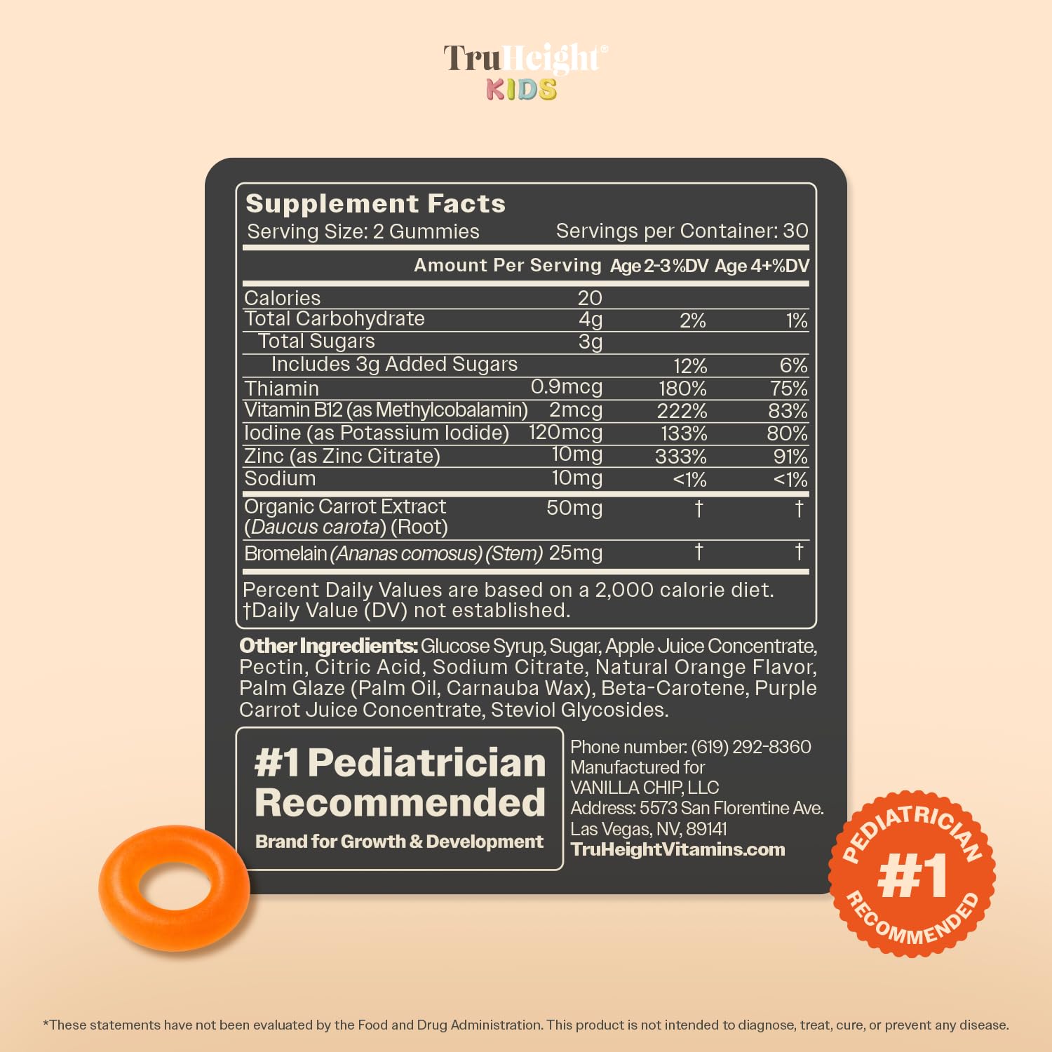 GMO-free, gluten-free TruHeight gummy label highlighting low sugar.